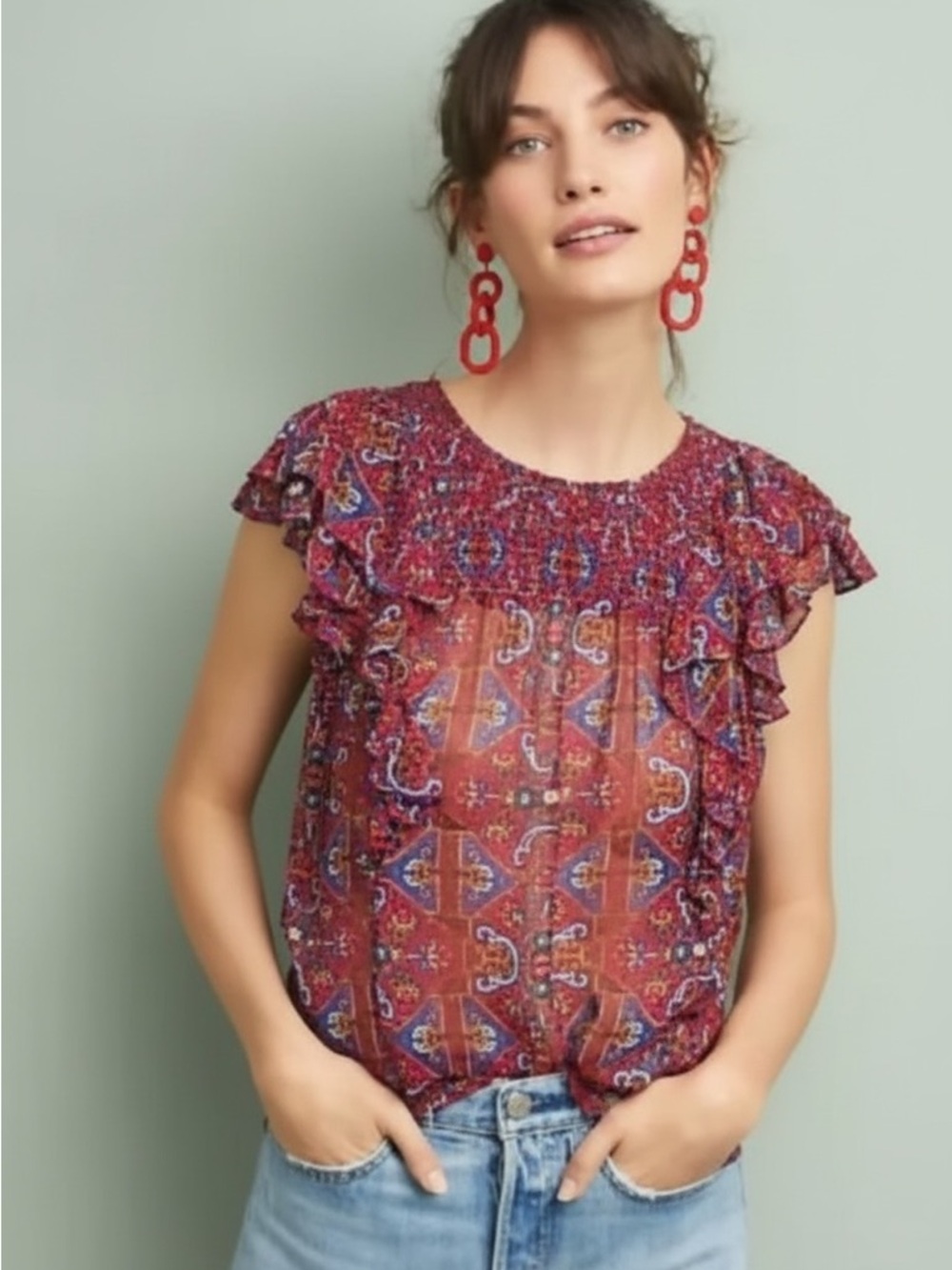 Anthropologie MEADOW RUE Majolica Blouse 6 22” P2P Burgundy NWOT